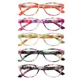 SIGVAN Ladies Cat Eye Reading Glasses 5 Pairs Blue Light Blocking Spring Hinge Fashion Pattern Print Readers for Women (colorful 4, 2.75, x)