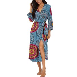 PrinStory Women's Bathrobe Lightweight 3/4 Sleeve Dressing Gown V-Neck Kimono Robe Long Sleepwear, Blue mix