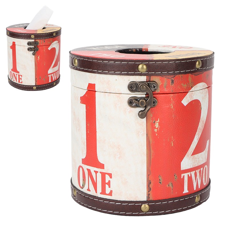 Retro Tissue Box Cylindrical Fashionable PU Leather Wooden Napkin Storage