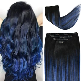 20" Clip in Hair Extensions Remy Human Hair Blue Balayage for Women - Silky Straight 100% Real Human Hair 75rams 4pieces #(1B/Blue) T1B Color