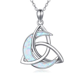 Midir&Etain Celtic Moon Necklace 925 Sterling Silver Celtic Trinity Knot Necklace Crescent Moon Goddess Pendant Necklace Celtic Jewellery Gifts for Women Girls Men, Silver, Opal