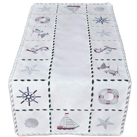 Raebel Tablecloth Table Runner Table Cloth Maritime Embroidery Wool White with Colourful Embroidery 40 x 90 cm Pack of 1