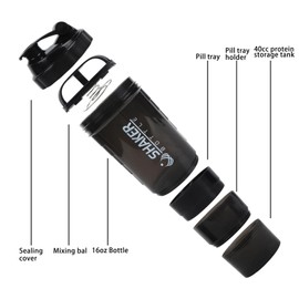 XTKS Shaker Bottle - Protein Shaker Cup with Storage Compartments - Leak-proof Workout Shake Bottles with Mixer for Smooth Mixing-500ML/16oz (PURE BLACK) | XTKS