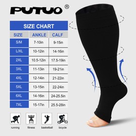 PUTUO Plus Size Compression Socks: Wide Calf Graduated Compression Stockings Men Women Open Toe Extra Large Compression Sock for Support Flight Travel Pregnancy Nurses 20-30 mmHg Black 3XL 1Pairs