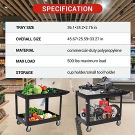 Service Cart 2-Shelf, Storage Handle, 500 lbs Capacity, for Warehouse/Garage/Cleaning/Manufacturing，45"X25" Black