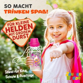 Zauberbande Drinking Bottle for Children - Unicorn - 400 ml, Suitable for Carbonated Drinks, 100% Leak-Proof, Made in Germany, Lightweight, Robust, BPA-Free - with Smiley Drinking Scale