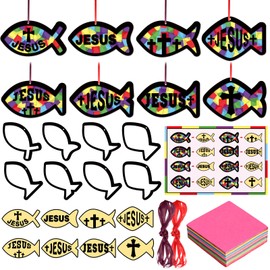 Funrous 32 Set Faith Fish Suncatcher Craft Kit DIY Jesus Fish Craft Religious Cross Hanging Ornament Christian Colorful Tissue Paper for Church Bible Vbs Sunday School Classroom Home Window Deocr