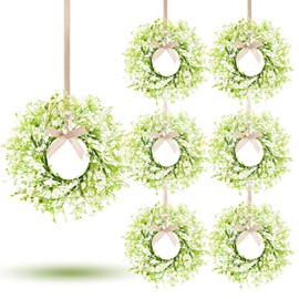6 Pcs Mini Baby Breath Hanging Wreaths Gypsophila Candle Rings Pillar Holder Wreath Artificial Flower Spring Summer Floral Wreath for Wedding Farmhouse Porch Cabinets Table Decoration