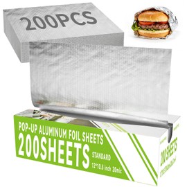 Aluminum Foil Sheets - 200 Count Pre Cut Tinfoil, 12" x 10.6" Inch Pre Cut Foil Sheets for Food, Hot Dog or Sandwich Wrap, Food Storage, Baking, Catering, Restaurant, Kitchen Use