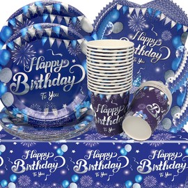 Doyomtoy Blue Party Tableware, 61 Pieces Birthday Decoration Baby Birthday Dark Blue Cups Napkins Tablecloth for Children's Birthday Party Decoration Baby Shower
