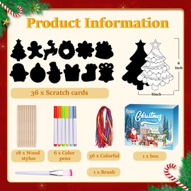 Garma 36Pcs Christmas Crafts Scratch Art for Kids, Rainbow Scratch Paper Christmas Ornaments Crafts Christmas Party Favors Toys Xmas Tree Ornaments Hanging Craft Art Kits