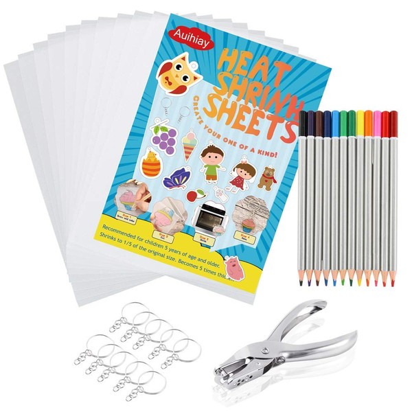 Auihiay 33 PCS Shrink Plastic Sheet Kit for Shrink Paper, Include 10 PCS Shrinky Paper, Hole Punch, Keychains, Pencils for Making Shrink Plastic Sheet Keychain, 29 x 20 cm / 11 x 8 inch