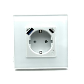 Modernes Touch-Wandschalter-Panel mit Stecker und USB-Port und USB-C-WiFi, Weiß