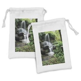 Lunarable Waterfall Fabric Pouch Set of 2, Waterfall Pond Flowers Tropical Plants Majestic Fresh Jungle Garden, Small Drawstring Bag for Toiletries Masks and Favors, 9" x 6", Green Dark Brown White