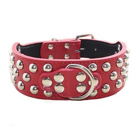haoyueer 2" Width 3 Rows Silver Rivets Studded Leather Dog Collars for Medium/Large Dogs Pitbull Mastiff Boxer Bully … (L, Red)