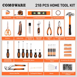 COMOWARE 218 Pcs Home Tool Kit - Basic Household Hand Tool Set, Truck Tool Kit Socket Wrench Combination Tool Set for Home with Plastic Toolbox Storage Case, Rv tool set，Orange