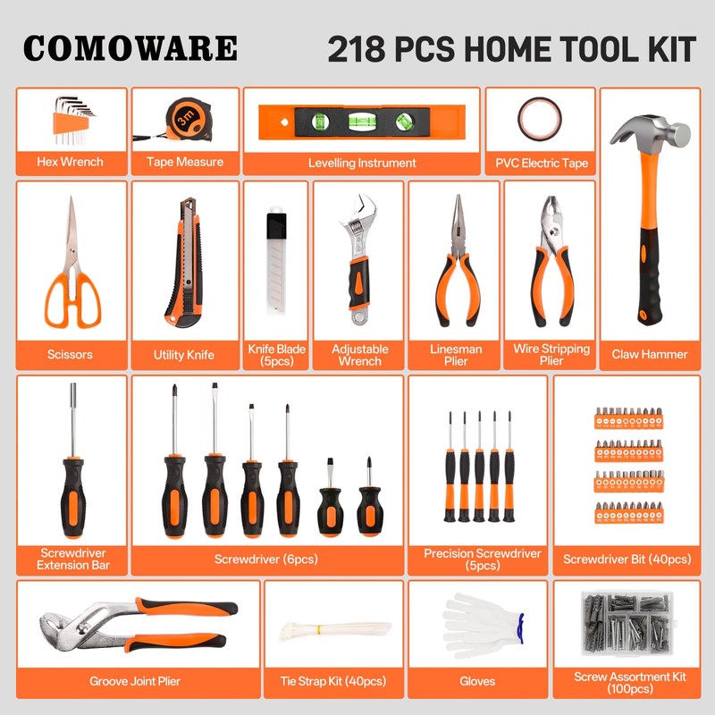 COMOWARE 218 Pcs Home Tool Kit - Basic Household Hand
