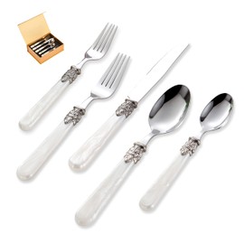 CATHYLIN 20 pieces Stainless Steel Vintage Flatware Sets With White Hanld,Silverware Set For 4,Dishware Safe(20, White)
