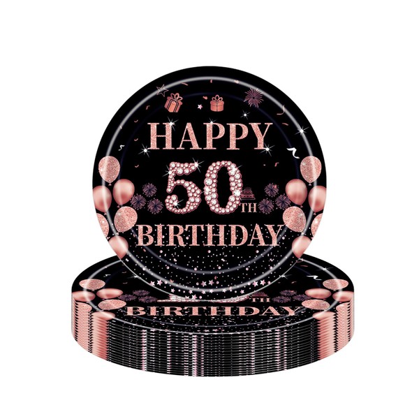 16Pcs Black Rose Gold 50th Birthday Paper Plates 7",Birthday Tableware Party Plate Disposable,Happy 50th Birthday Table Decorations Plates Birthday Gifts for Women,Ladies,Her 50th Birthday Décor