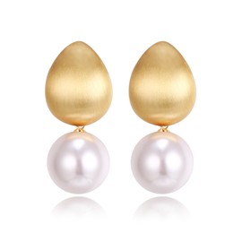 EVER FAITH Fashion Teardrop Disc Faux Pearl Dangle Earrings, 14k Gold Plated Circle Coin Geometric Flat Hammered Drop Pierced Earring Birthday/Mother's Day Jewelry Gifts for Women