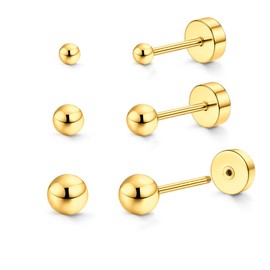 STJARNA Tiny Ball Screw Studs 3pair Surgical Steel Flat Back Earrings 2mm 3mm 4mm Gold Ball Women Men Jewelry Set
