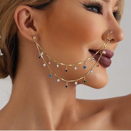 Atentuyi Boho Nose Ring Chain to Ear Gold Double Dangle Nose Hoop Septum Nose Cuff No Piercing Punk Evil Eye Drop Mini Ball Stud Earrings Indian Belly Dance for Women and Girls, Zinc alloy