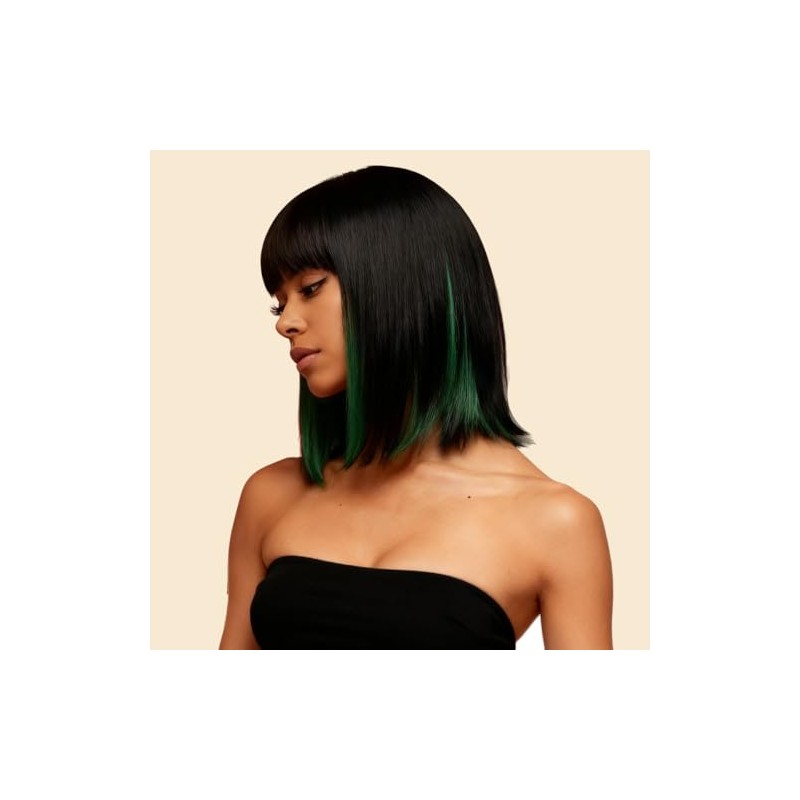 Pelucas Corta Mujer, Peluca con Fleco y Mechas, Cabello Sintético