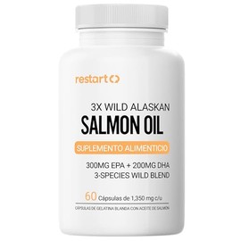 Salmon Oil 3X Wild Alaskan Restart | Aceite de Salmón Salvaje de Alaska de 3 Especies | 300mg EPA + 200mg DHA | Alta Concentración | Omega 3 Premium - 60 Cápsulas