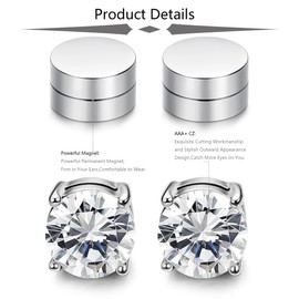 JOERICA 2 Pairs Stainless Steel Stud Earrings for Men Women Non Piercing Clip on CZ Earrings Silver-tone 6MM