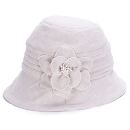 Lawliet Womens 1920s Flappers 100% Linen Cloche Bucket Sun Summer Floral Hat A602 (Beige)