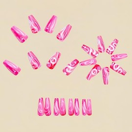 Uñas postizas largas de acrílico con diseño en espiral estilo Y2K, color rosa intenso, estilo ballet, cobertura total. Uñas postizas brillantes reutil