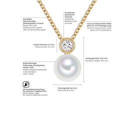 Valero Pearls Women's Necklace Sterling Silver 925 Yellow Gold-Plated Freshwater Cultured Pearls Zirconia White - Necklace Women Yellow Gold Colours Freshwater Pearl, Sterling Silver, Cubic Zirconia