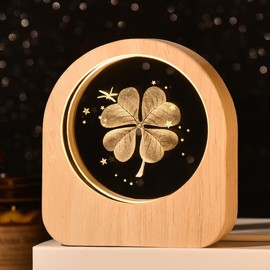 3D Crystal Ball Night Light, USB Moon Lamp Planets Solar System Night Light, Night Scene Astronomy 3D Solar System LED Crystal Ball Lamp Wooden Moon Ball Lamp for Home Decoration (Four Leaf Clover)