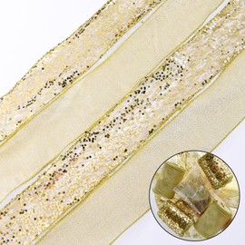 Ribreeze Gold Glitter Christmas Tree Topper Bow 11 inch with 4 Ribbon Tails 3 Yards Christmas Decoration Perfect for Weddings Parties