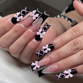 Black Press On Nails with Pink Bow & Lace-Up Design – 24PCS Long Coffin French Tips, Glossy Full Cover Acrylic Fake Nails for Women