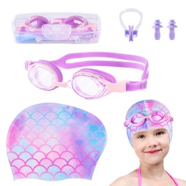 Girls Unicorn Swim Cap and Goggles Set Toddler Waterproof Bathing Pool Swimming Caps Comfortable Kids Mermaid Unicorn Swimming Hats for Long and Short Hair (Mermaid Set)