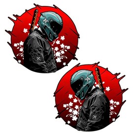 1Pair Japanese Motorcycle Samurai Car Stickers 5.12''x4.72'' Waterproof Viny Red Sun Warrior Sunscreen Decals, Used for Car, Laptop, Motorcycle, Van, RV | CZ11