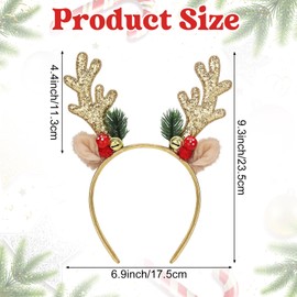 KINYFY Christmas Reindeer Antlers Headband, Glitter Elk Antlers Headbands Christmas Costume Party Accessories for Women and Girls(Gold)