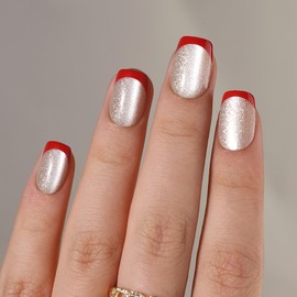 Hrnsnails Short Square Press On Nails, Glue On Nails Short Gold Glitter Fake Nails with Red French Tip Nails Designs, Nails Press Ons Soft Gel False Nails,Artificial Nails Stick On Nails for Women