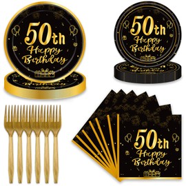 60Pcs 50th Birthday Party Supplies 50th Birthday Plates Napkins Forks Tableware Set Black Gold Happy 50th Birthday Themed Tableware Decoration for Men Women Birthday Party Tableware (Black Gold 50th)