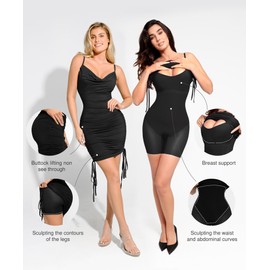 Popilush Shapewear Dress Mini Dress Tummy Control Drawstring Adjustable Dress Ruched Bodycon Dress for Women Black