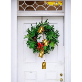 Christmas Bells,Gold Cow Bells for Christmas Decoration,Metal Brass Bell Rustic Wall Hanging Bell on Jute Rope, Vintage Jingle Bell Ornaments for Christmas Wreaths,Tree and Door Decor-4 Bells