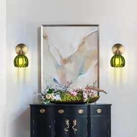 HuisMier Vintage Wall Sconces with Green Tulip Glass Lampshade, Modern 180 Degree Adjustable Brass Wall Sconces with Switch for Bathroom Bedroom Living Room Hallway, Hardwired