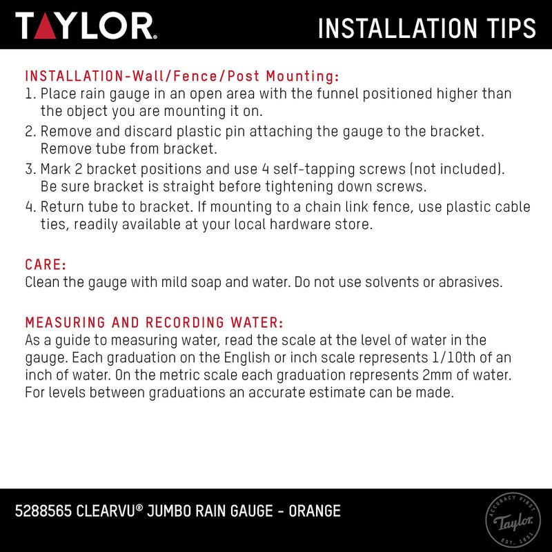 Taylor Jumbo Rain Gauge, Measure and Monitor Precipitation, Easy to
