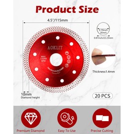 AOKLIT 20 Pcs 4.5" Diamond Saw Blade, Super Thin Tile Saw Blade, Diamond Blade for Angle Grinder Cutting Porcelain Tile Granite Marbles