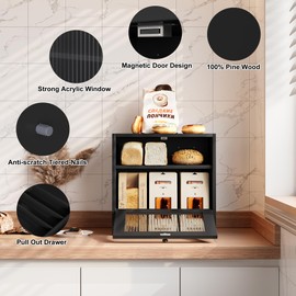IZLIF Pine Wood Bread Box for Kitchen Countertop - Large 2-Layer Bread Storage Container with Magnetic Closure, Acrylic Window & Removable Coffee Pod Tray, Black
