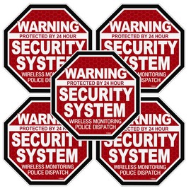 5 Pack Warning 24 Hour Security System OCT RED Stickers #FS062 - Alarm Decal Vinyl Decal Home Video Camera Sign