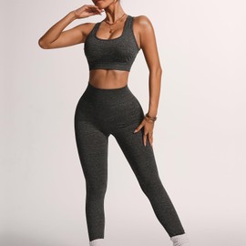 Lynmai High Stretch Seamless Yoga Set – Gray Sports Bra and Leggings, Breathable Design, Perfect for Gym, Yoga