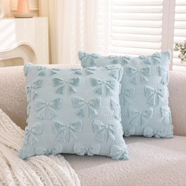 TAOSON Pack of 2,Valentines Day Decoration Blue Cute Bow Soft Plush Faux Fur Jacquard Throw Pillows Soft Couch Pillowcases Cushion Covers for Living Room Girl Bed Sofa Home Decor 18x18 inch