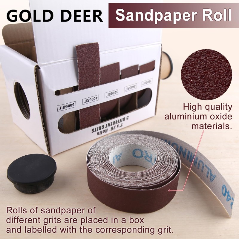GOLD DEER Assorted Multi-Roll Sandpaper Roll in Box,Sandpaper Rolls,5 Grit